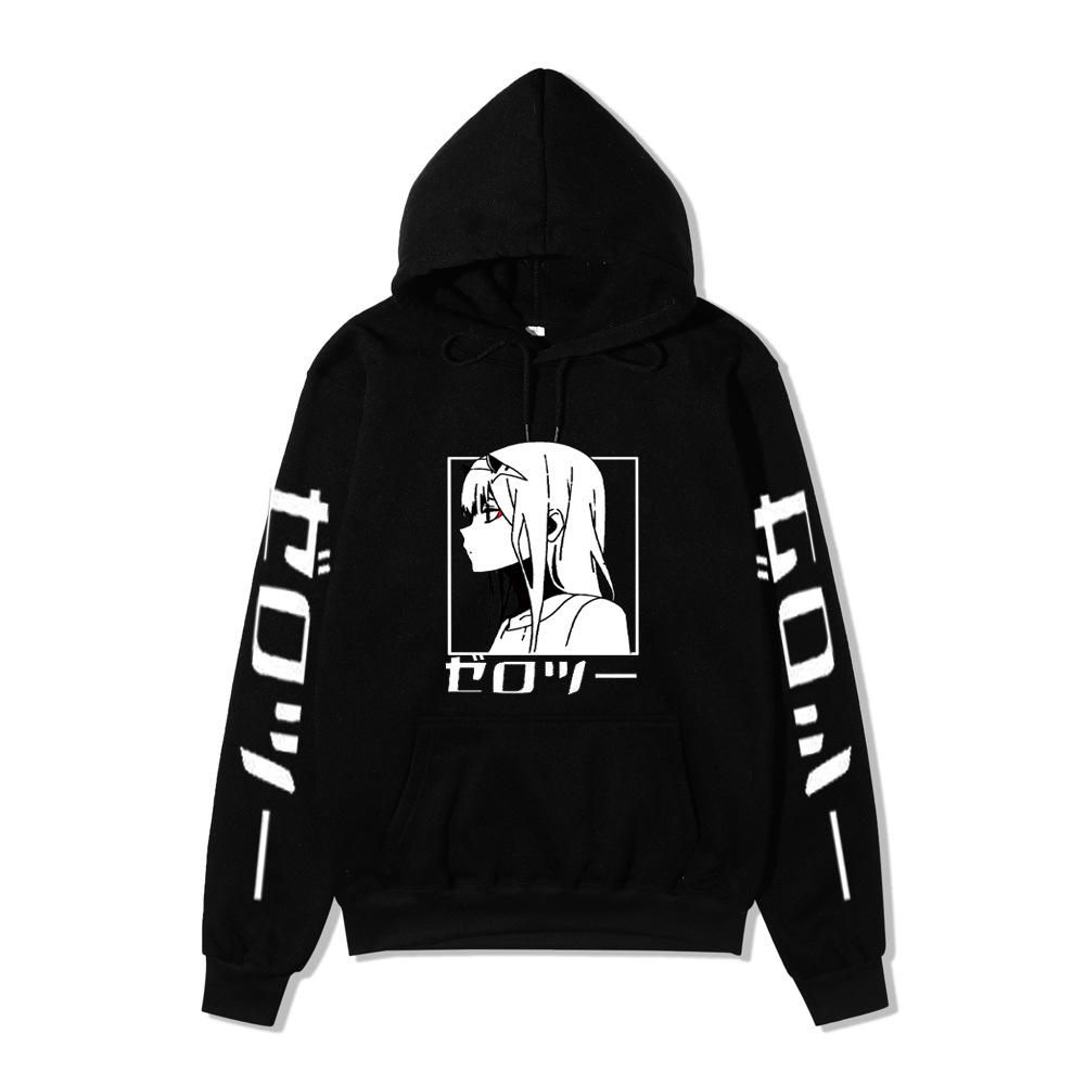 Zero Two Side Profile Anime Hoodie Japanese Letter Print Black Casual Long Sleeve Hooded Sweatshirt Pullover