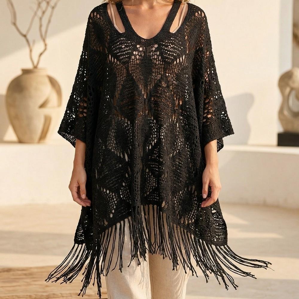 Sun Protection Bohemian Shawl Plus Size Crochet Top Women Simple Knit Hollow Out Top Women