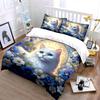 Cat In Blue And White Flowers Bedding Set For Kids Luxury Gift 3Pcs Digital Print Comforter Set Soft Comfortable Breathable