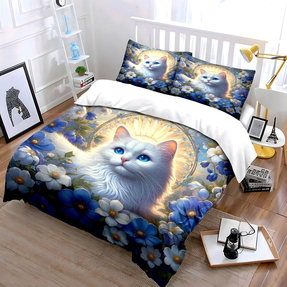 Cat In Blue And White Flowers Bedding Set For Kids Luxury Gift 3Pcs Digital Print Comforter Set Soft Comfortable Breathable