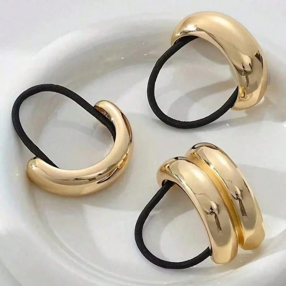 3/6pcs Gold Ponytail Cuff with Elastic Hair Ties Metal Charms Black Rubber Band Women Girs Non-Damage Hair Rope