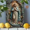 D Flat Virgin Mary Blessed Mother LED Light Embossed Metal Sign Religious Retro Wall Art Plaque for Home Chapel Decoration