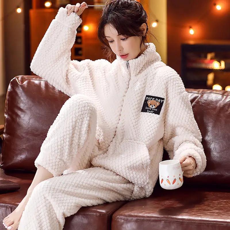 Winter Pajamas Ladies Coral Velvet Flannel Thickened Plus Sleepwear Women Household Clothing Set Famale Zipper Suit Outsidewear