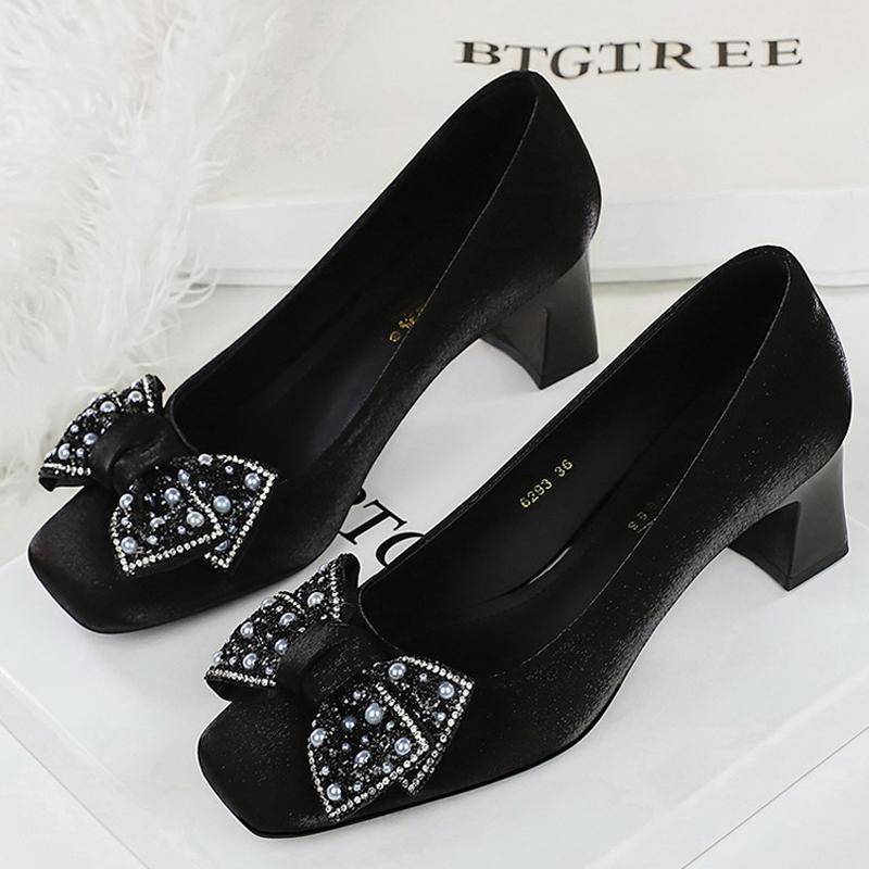 

BIGTREE Shoes Rhinestone Bowknot Women Pumps Square head Kitten Heels Thick with Women shoes silks satins Mid heel shoes Luxury 34