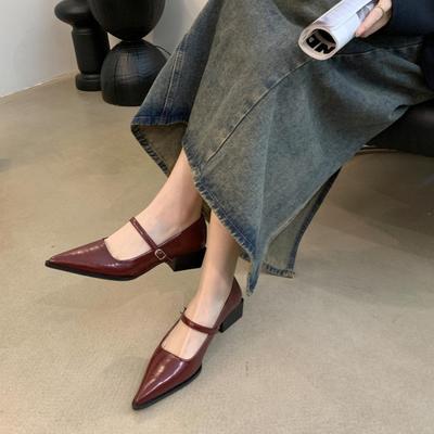 2024 Spring New Models Can Be Worn with Thin Pointed Flat Single Shoes Square Heel Medium and Low Heel Women's Small Leather Shoes