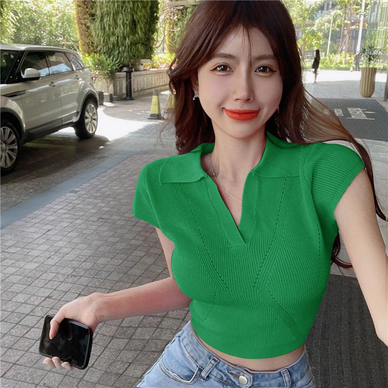 Summer New POLO Neck Short Sleeve Slim Skinny V-Neck Short Knitted T-Shirt Pink Top Women's Clothing