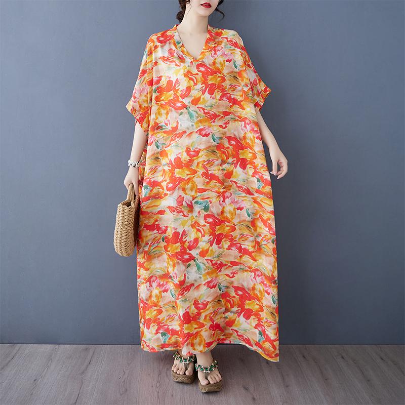 DIMANAF 2025 Damen Übergröße Sommerkleid Basic Langes Kleid Vintage Floral Lässig V-Ausschnitt Baumwolle Leinen Locker