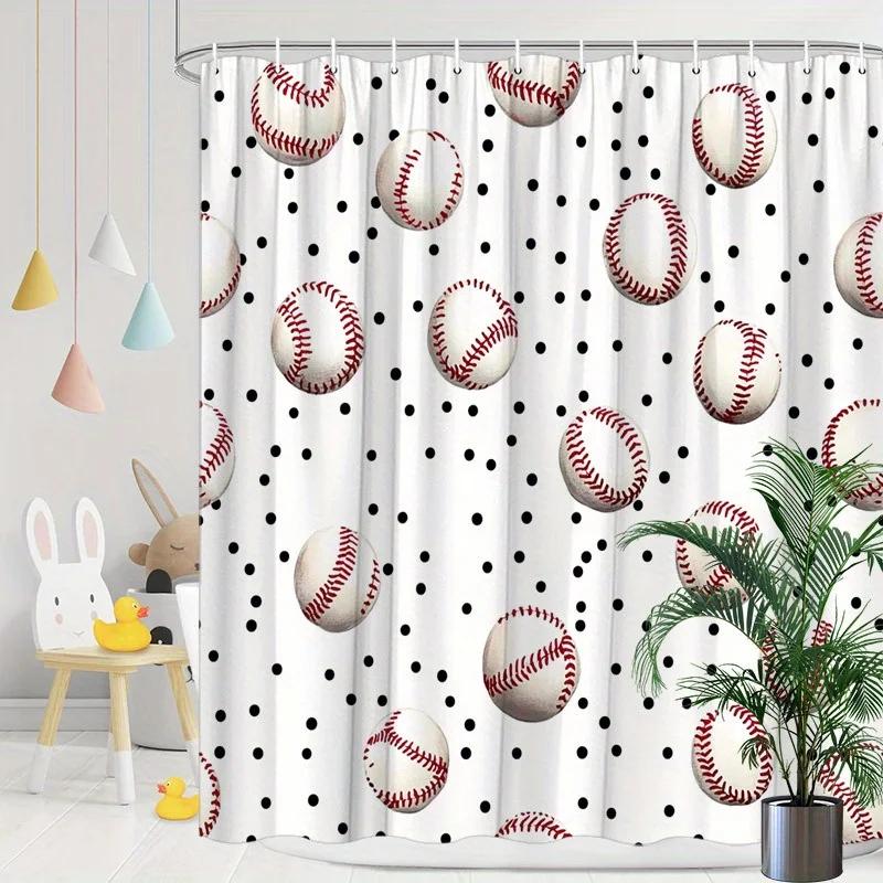 

Baseball Pattern Shower Curtain - Red Stitches & Black Dots, Woven Polyester, 12 Hooks, 70.8X70.8 Inches, Washable W60H190(CM)-1 Pcs