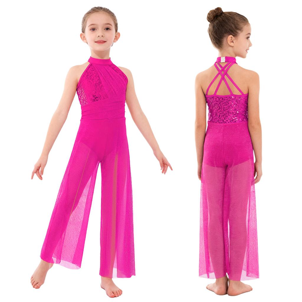 Salopetă Lirică pentru Fete Copii: Body fără mâneci cu guler înalt și spate cu bretele încrucișate, cu paiete strălucitoare și plasă irizată, cu craci largi