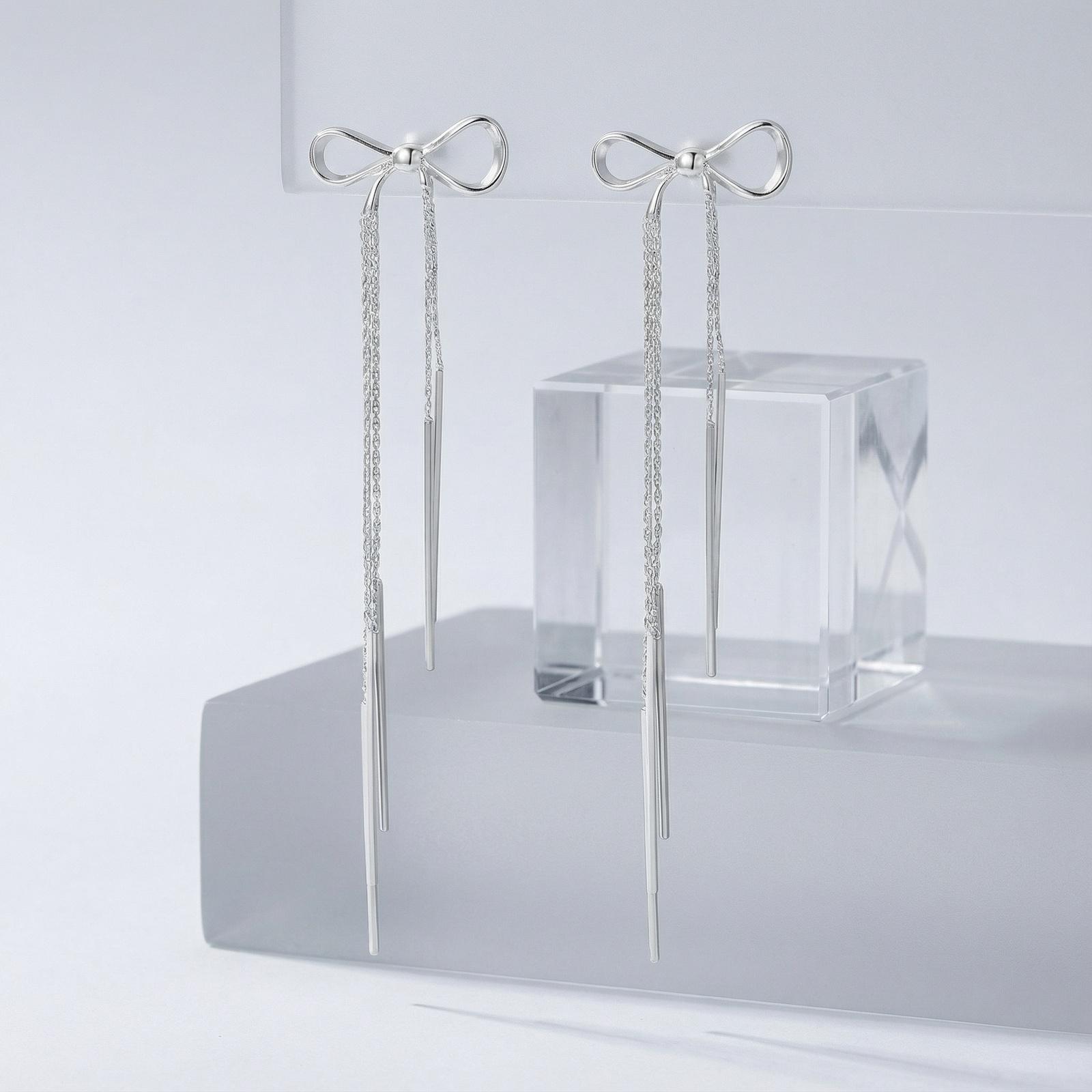Silver Color Bowkont Tassel Earrings Temperament Long Tassel Bowknot Drop Dangle Earrings for Women Charm Korean Jewelry