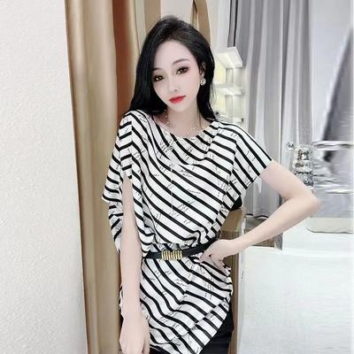 Women's Summer Thin Short Sleeve Waist T-Shirt Design Striped Loose Age Reducing Top