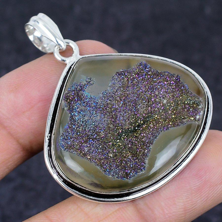 Botswana Druzy Gemstone Handmade 925 Sterling Silver Jewelry Pendant 1.89" J7c83