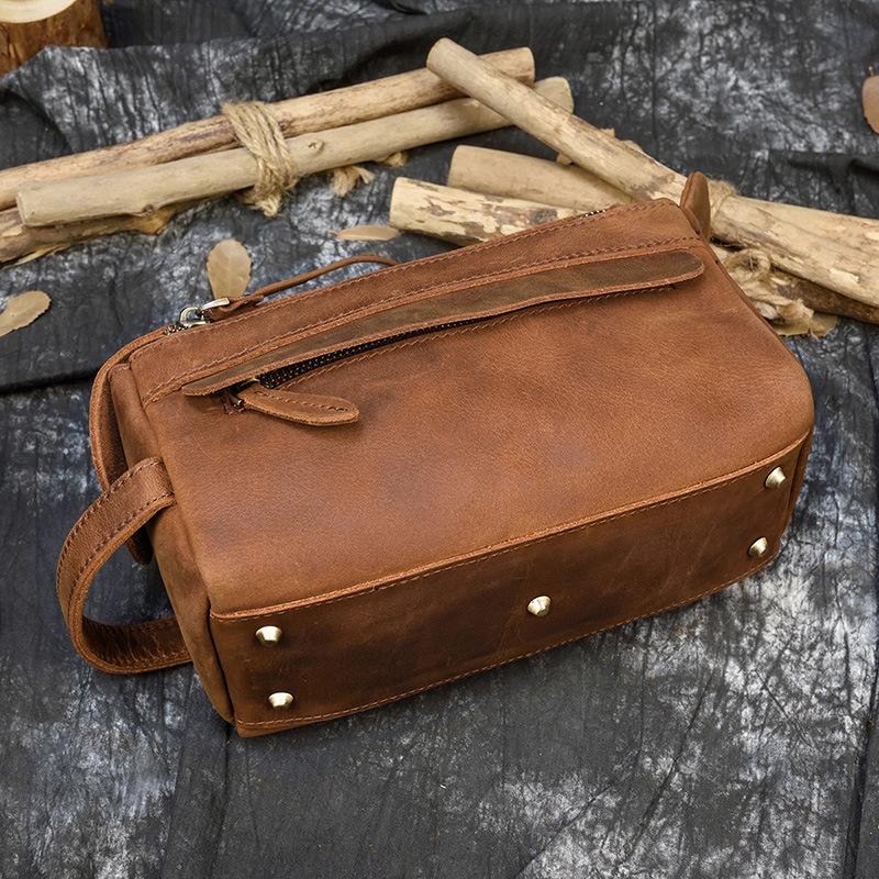 New Men's Crazy Horse Leather Handbag Multi Functional Genuine Leather Toilet Bag Large Capacity Women's Storage Bag