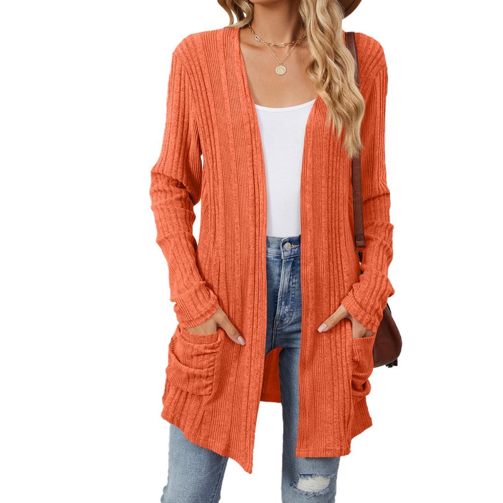 Fall Winter Women's Solid Color Ribbed Brushed Pocket Cardigan Long Sleeve Jacket, Leisure Foreign Trade for Europe America
