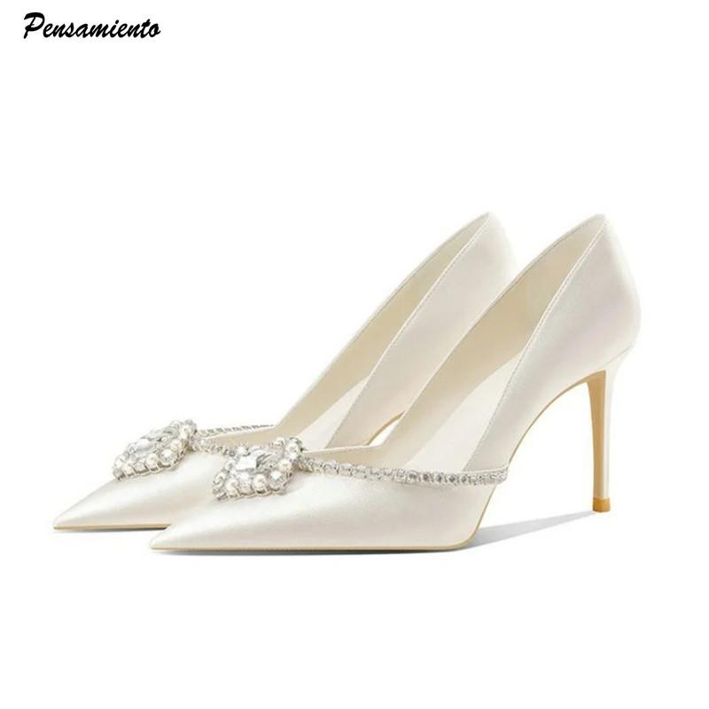 Fashion Luxury Rhinestones Satin Women Pumps Spring Summer Fashion Pointed toe Office Lady High heels Female Wedding Bridal Dress Shoes