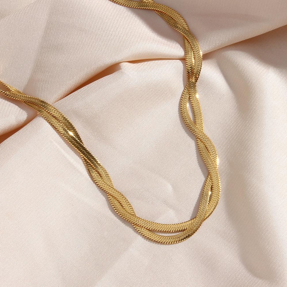 18k Gold Plated Waterproof Braided Herringbone Chain Necklace Bracelets Set Stainless Steel Jewelry for Women