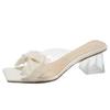 2025 summer new sweet thick heel transparent slippers women's outer wear bow square head open toe one word sandals wholesale