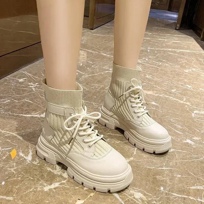 Dámské kozačky Létající pletenina Podzim Zima Nové Kulatá špička Šněrovací Vysoký podpatek Pohodlné Krátké kozačky Plochý podpatek Kotníkové kozačky