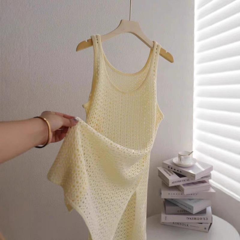 

Yellow hollow knitted blouse women s summer overlay mesh air-conditioned shirt medium and long suspender vest skirt one size fits all жовтий