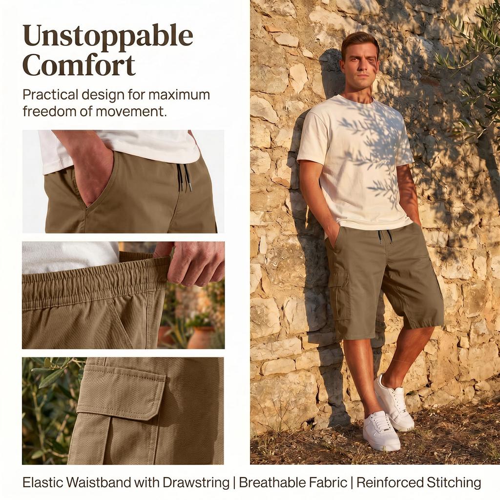 Men's Elastic Waist Cargo Shorts Adjustable Belt Multiple Pockets Casual Style Suitable for Hiking Worksite Summer Wear