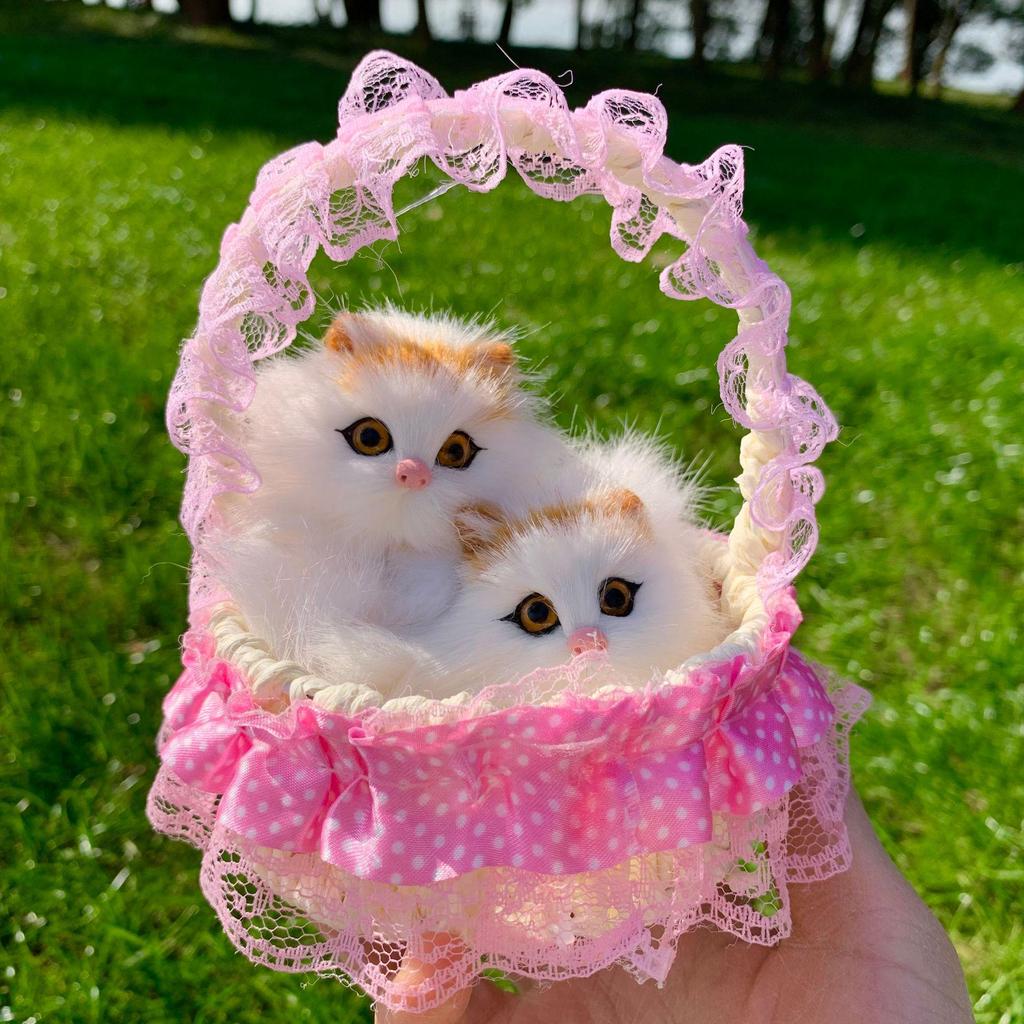 Mother Cat and Kitten with Basket Figurine - Toy Gift for Kids or Girlfriend