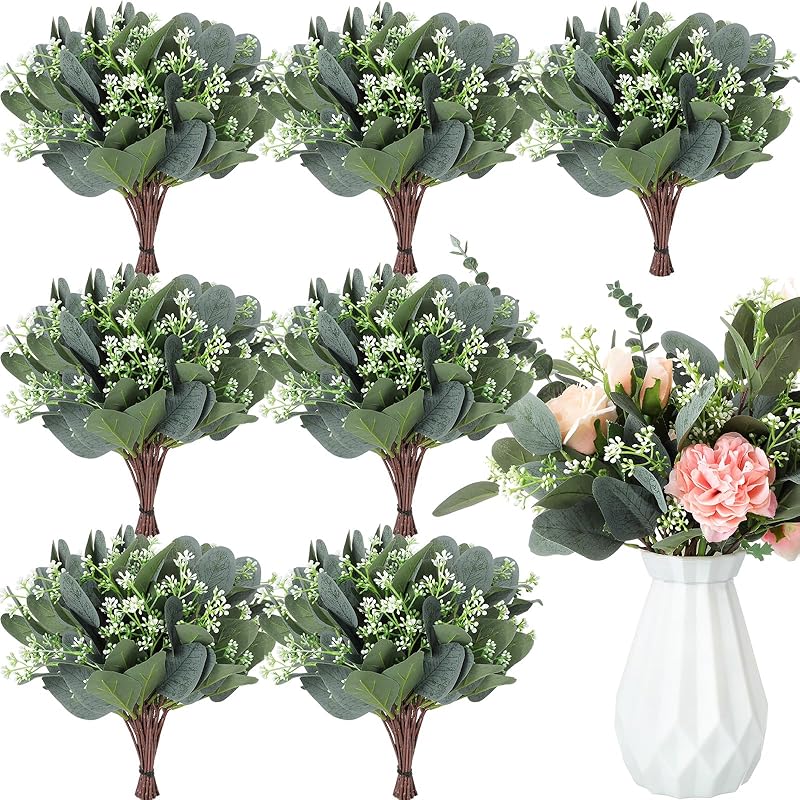 Janinka 100 Pcs Mixed Eucalyptus Leaves Stems Bulk Artificial Eucalyptus Leaves with White Seeds Artificial Silver Dollar Sprays Faux Oval for Floral 20