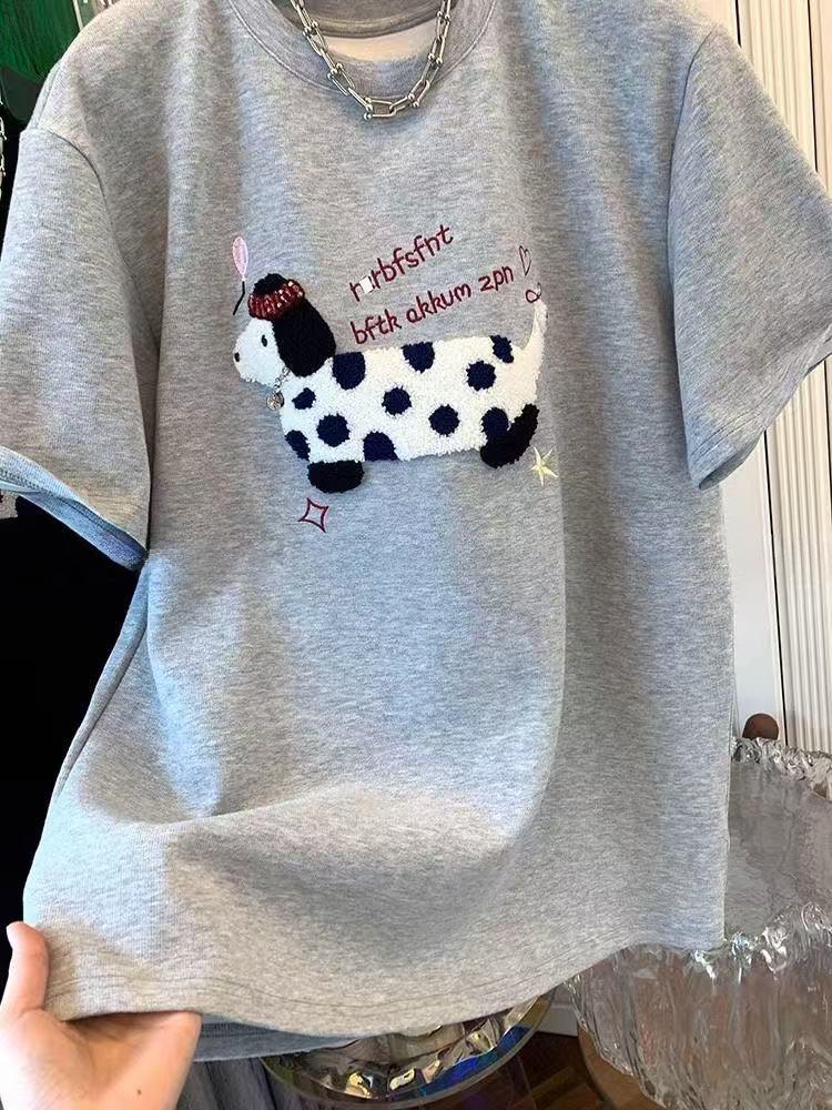 European Plus Size Embroidered Dog Thick Short Sleeve Women's T-shirt for Spring/Autumn