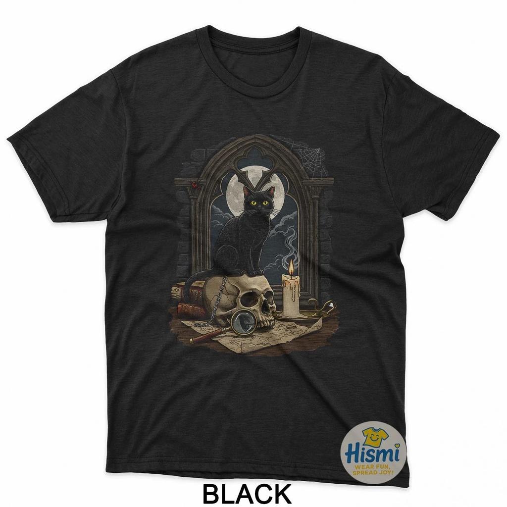 Black Cat Gothic Window Arch Witchcraft Occult Spooky T-Shirt
