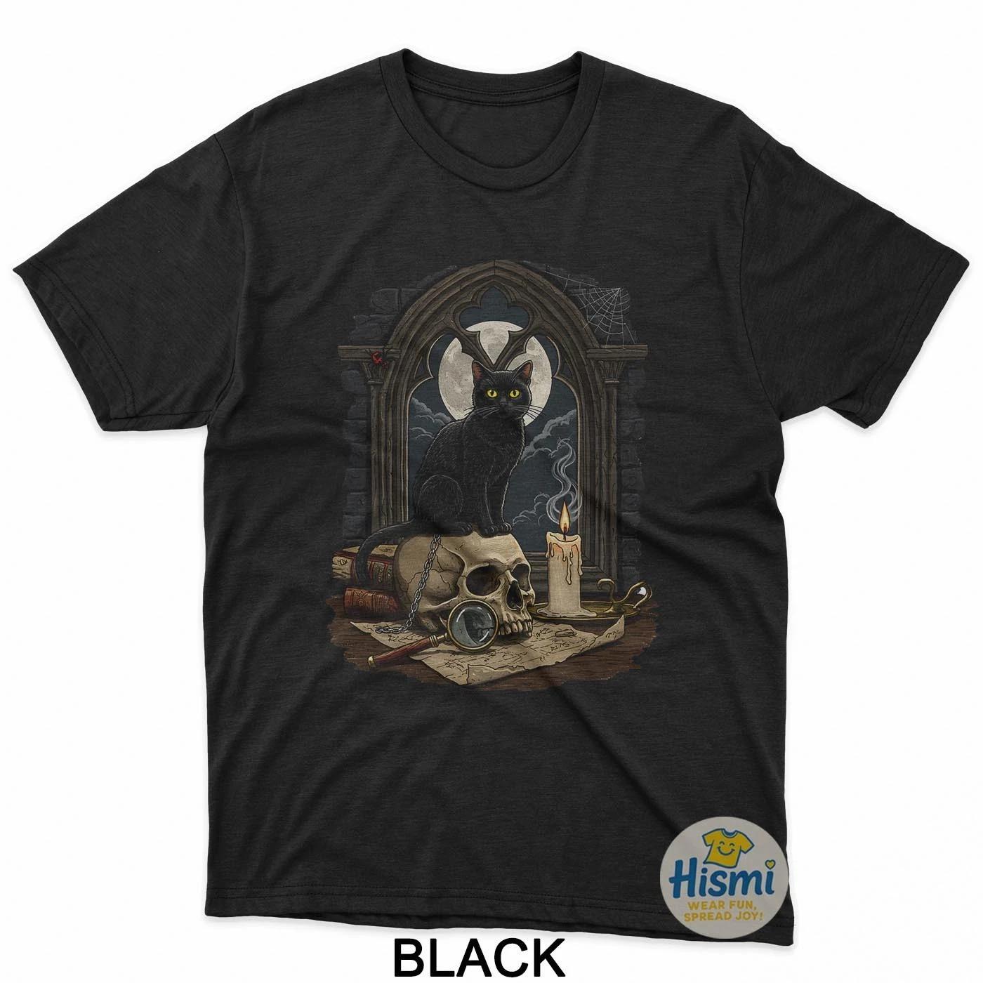 Black Cat Gothic Window Arch Witchcraft Occult Spooky T-Shirt 2XL
