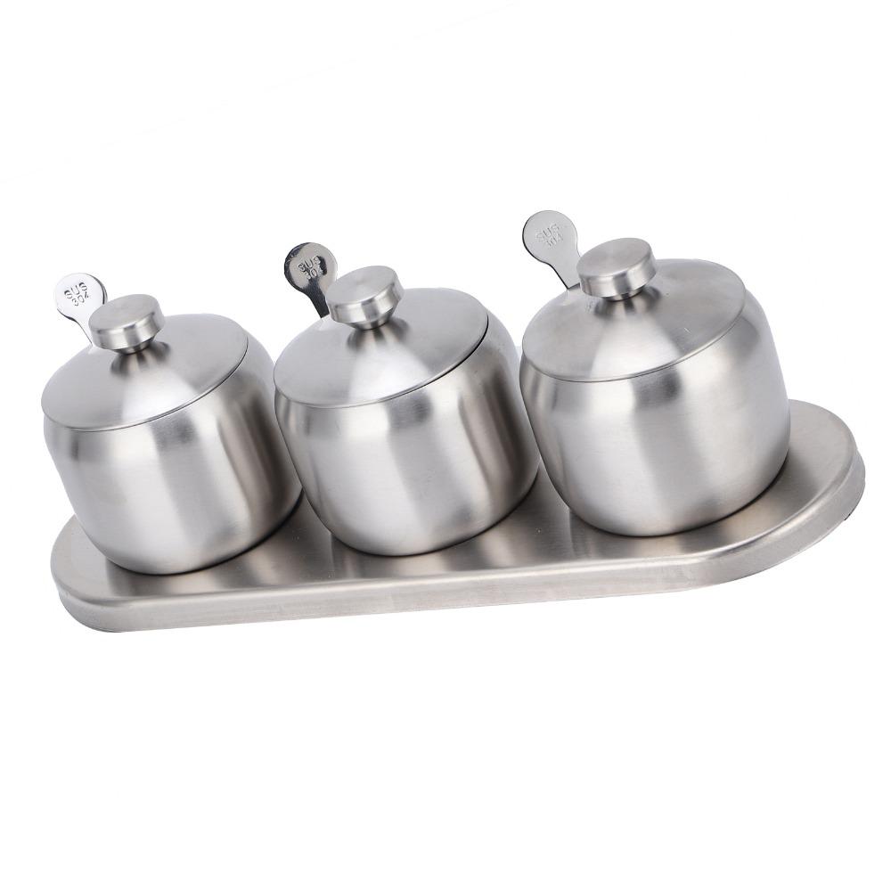 304 Stainless Steel Seasoning Pot Set 300ml With Lid Spice Jar Set With Serving Spoons With Non-slip Base