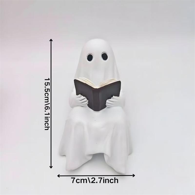 1PCS Cute Ghost Reading Resin Statue Spooky Book Figurine Hand Painted Halloween Desk Decor For Study Library Shelf Display Gift