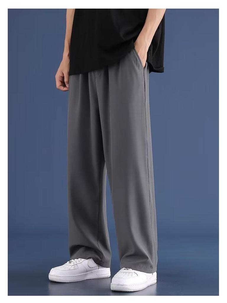 Men's Summer Ice Silk Wide-Leg Pants – Solid Color, Loose Fit, Plus Size, Straight Leg, Hong Kong Style