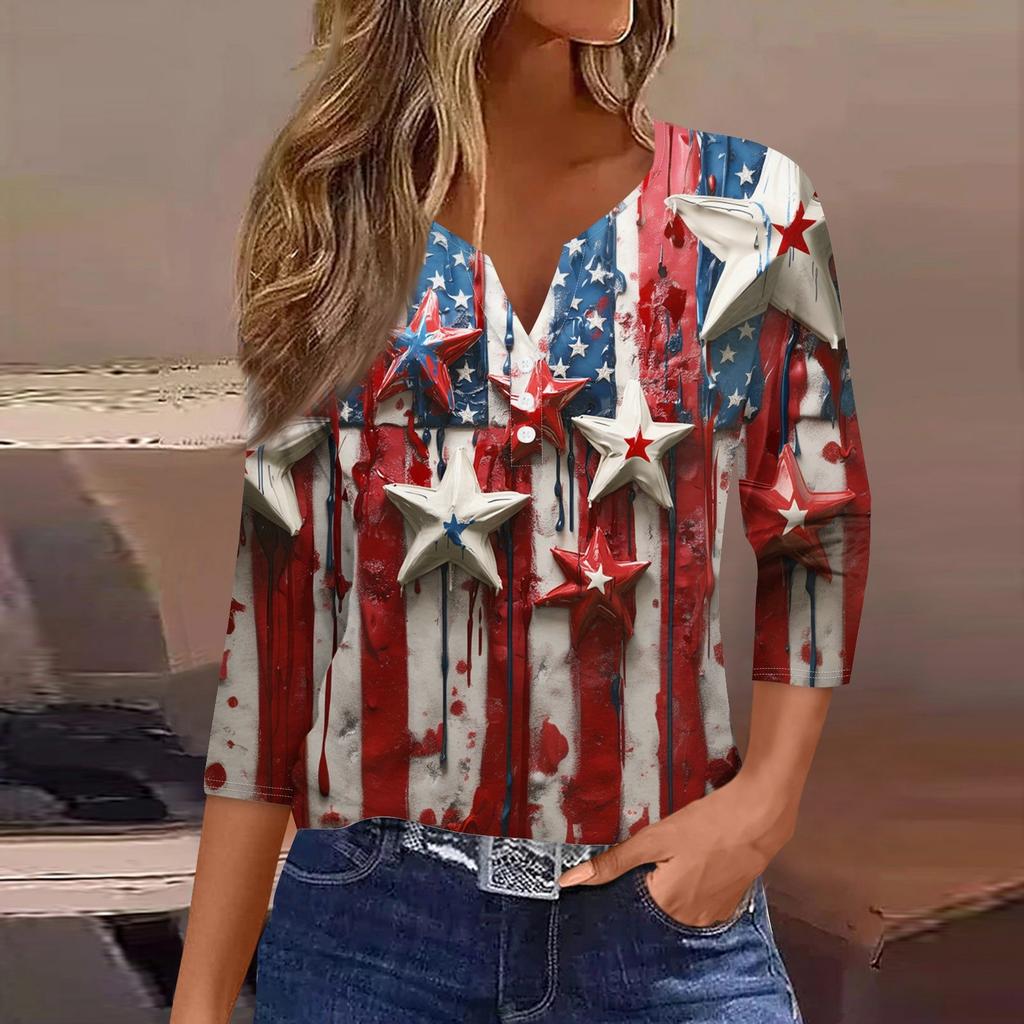 Women's T Shirt Print Button 3/4 Sleeve Daily Weekend Fashion Basic V- Neck Regular Top