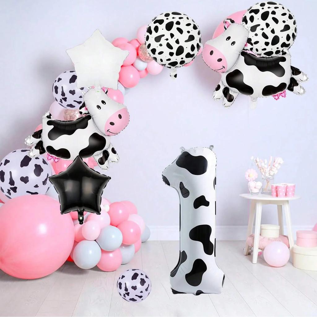 7pcs Cartoon Big Cow Balloon 40inch Black White Cow Number 0-9 Balloon Set Kid's Birthday Farm Animal Party Balloon Decoration