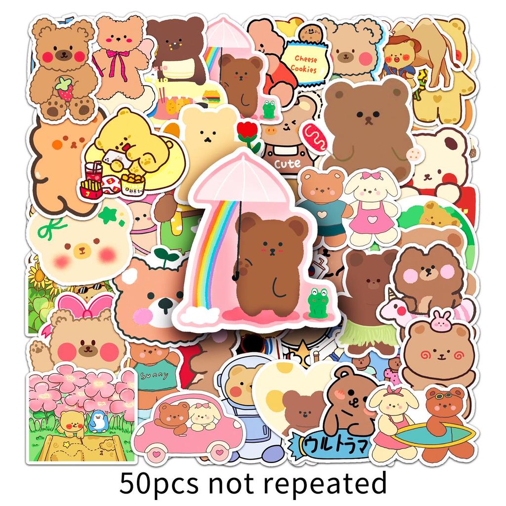 50-Piece Cute Cartoon Bear Stickers Set: Waterproof DIY Animal Decorations for Water Bottles, Journals, and Luggage.