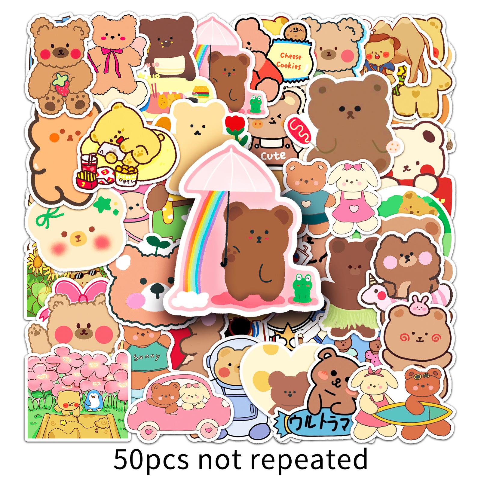 50-Piece Cute Cartoon Bear Stickers Set: Waterproof DIY Animal Decorations for Water Bottles, Journals, and Luggage.