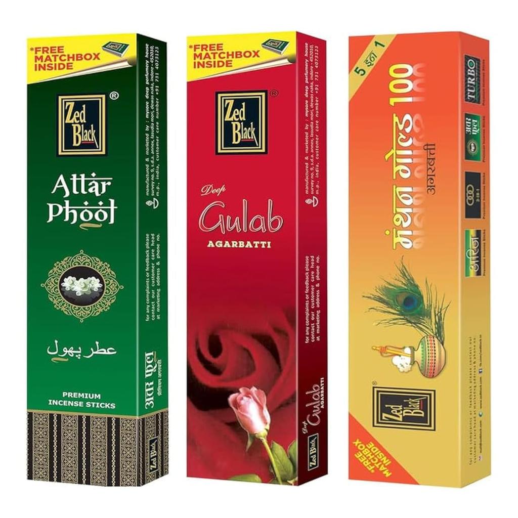 Zed Black Premium Incense Sticks Combo With Manthan Gold, Attar Phool & Deep Gulab Fragrance Pack