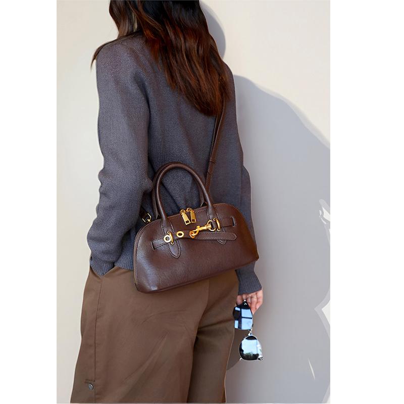 Luxury Brand Genuine Leather Women Handbags Fashion Gold Buckle Shoulder Bags Women Retro Cowhide Boston Bags Lady