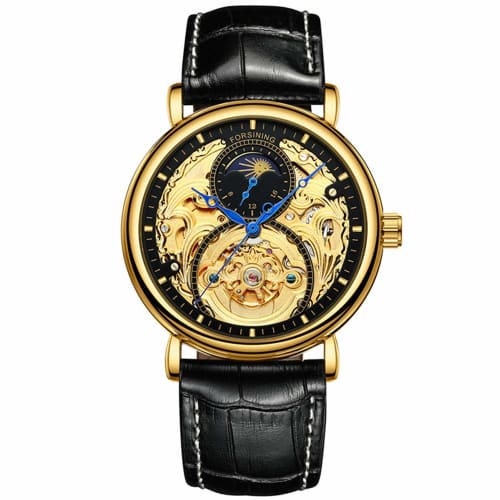 FORTINING Men's Automatic Analog Watch, Fashion Skeleton Tourbillon, Waterproof Moon Phase Leather Mechanical Watch (Black)
