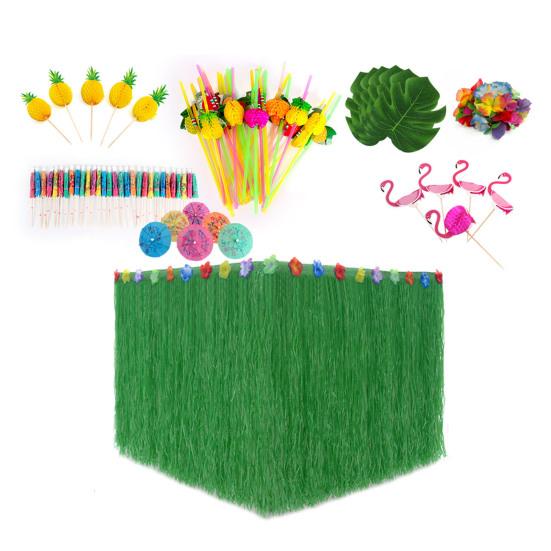 Table Skirt Grass Luau Party Decorations Supplies for Tropical Hawaiian Party Favors Flower Summer Beach Themed Beach Decorations