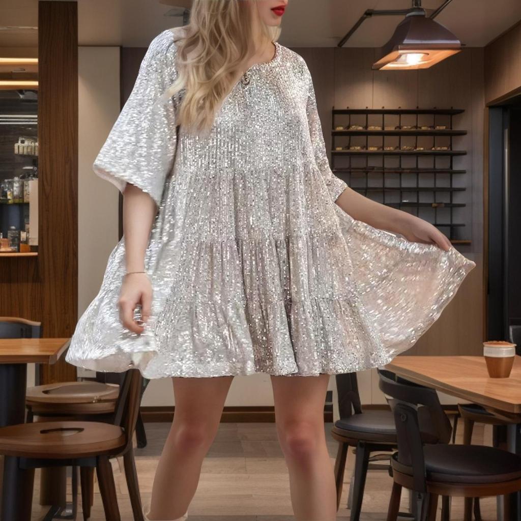 Sequined Round Neck Loose Waist Short Sleeve Dress for Banquets