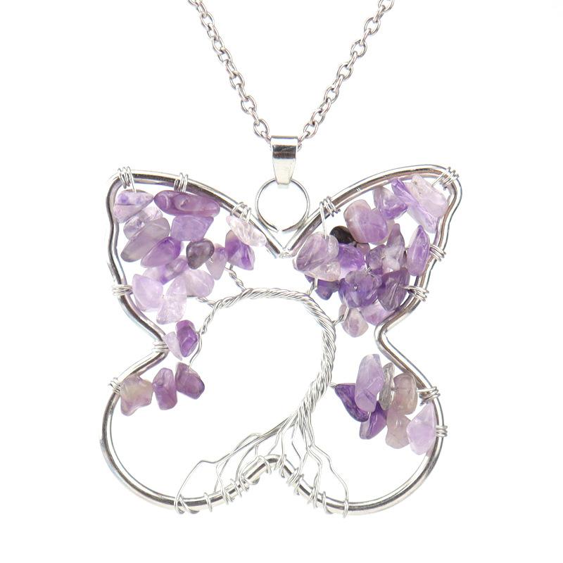 

Winding Butterfly Bending Tree Of Life Necklace Gravel Crystal Pendant N74 аметист