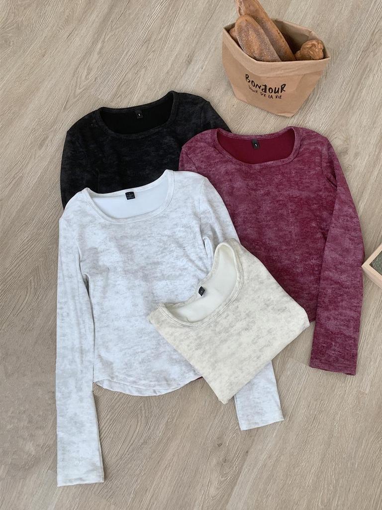 Women's French Square Neck Tie-Dye Thermal Slim-Fit Long Sleeve Top - Autumn/Winter New Arrival