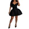 Women's Off Shoulder Deep V Neck Puffy Skater Mini Dress Ruched Waist Bodycon Sexy Summer Club Night Cocktail Party Dress