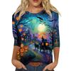 Women Halloween Pumpkin Print 3/4 Sleeve Shirt Round Neck Loose Fit Casual T-Shirt Top for Fall Seasonal Wear