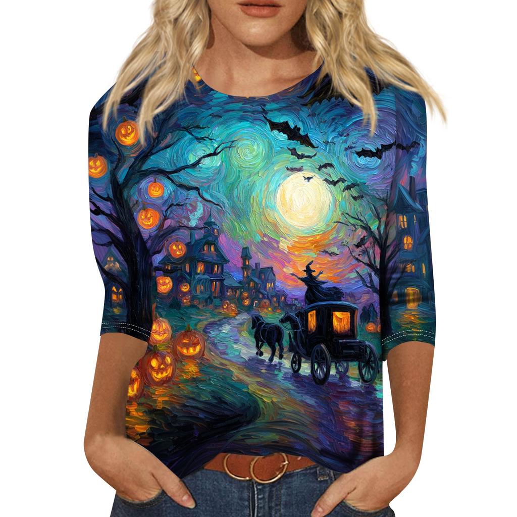 Women Halloween Pumpkin Print 3/4 Sleeve Shirt Round Neck Loose Fit Casual T-Shirt Top for Fall Seasonal Wear