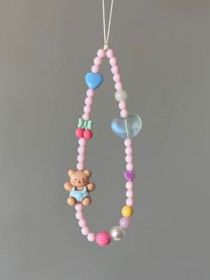 Süße Teddybär Handykette Original Design Frisch Und Jugendlich Mädchenherz Instagram Stil Rosa Kirschherz Perlen, ni
