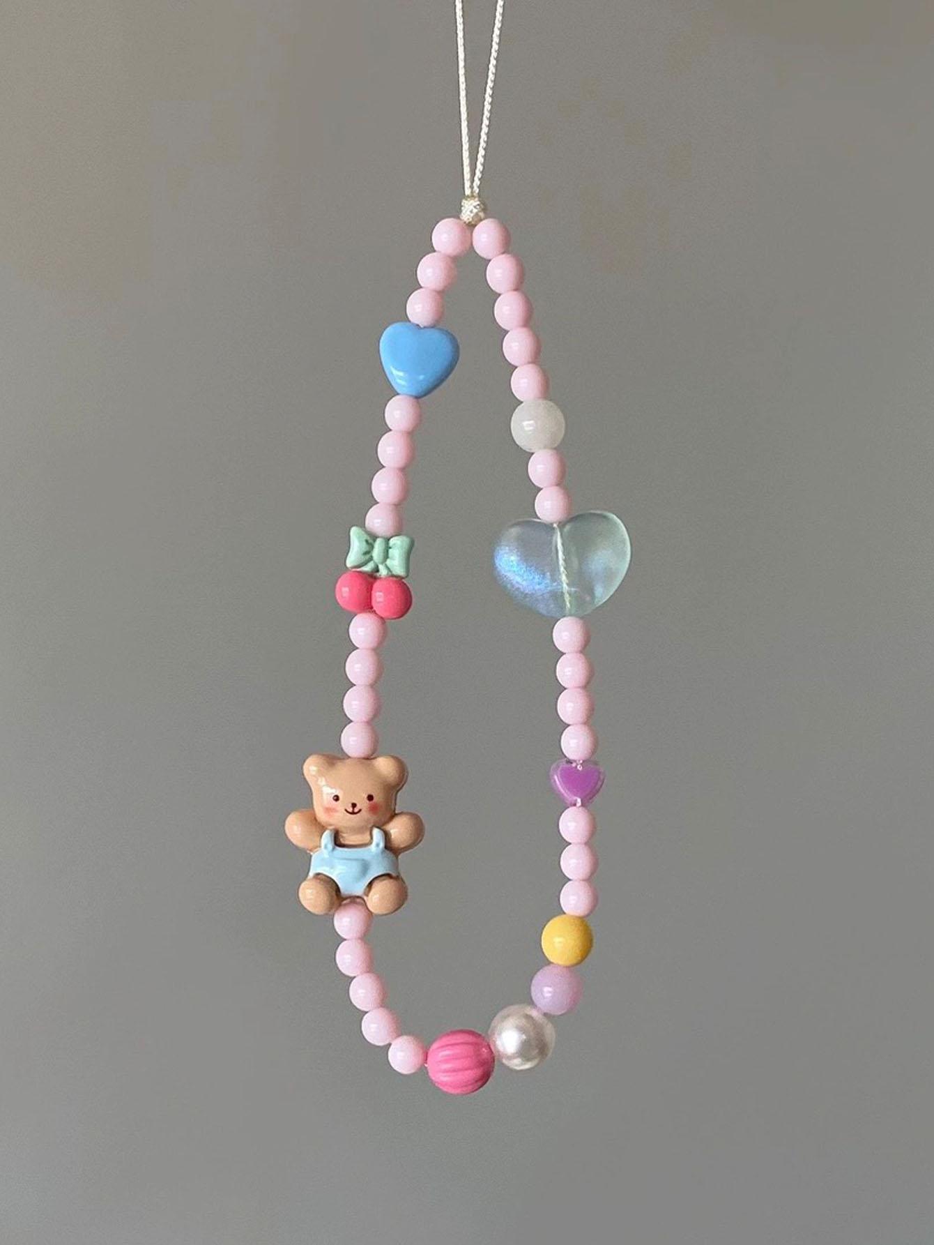 

Cute Teddy Bear Mobile Phone Chain Original Design Fresh And Youthful Girl Heart Instagram Style Pink Cherry Heart Beading, ni Other