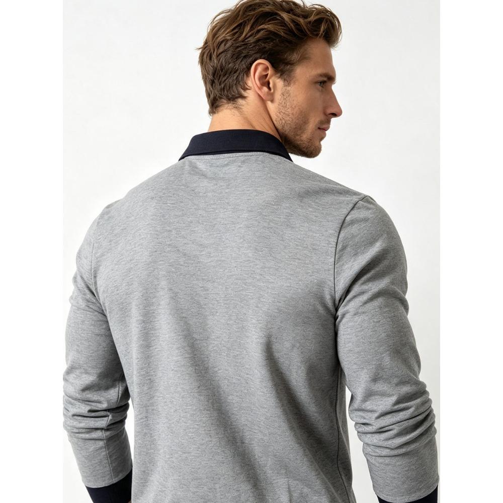 Men's Retro Color Block Long Sleeve Polo – Soft Touch Jersey Shirt with Contrast Cuffs & Vintage Logo – Smart Casual Business Wear