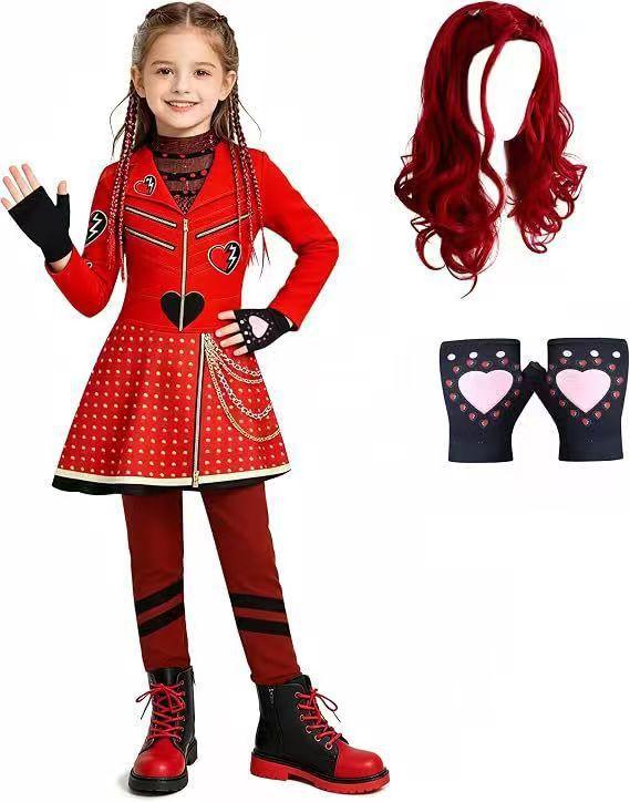 2026 New Hot Descendants Red Kids Dress Set Halloween Stage Performance Costume